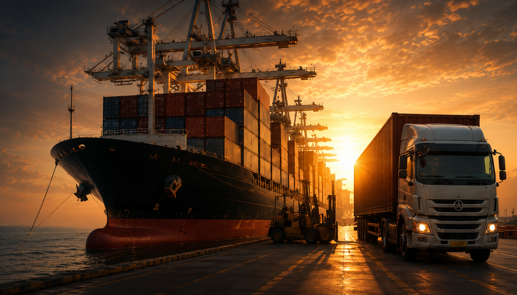 Cargo ship, port, and truck at sunset